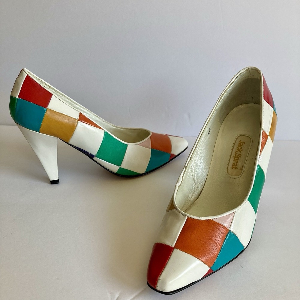 Vtg Jack Sprat Rainbow Harlequin Mod Patchwork Pumps Leather Size 6B Colorblock - Picture 10 of 16